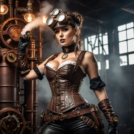 Prompt: Full body detailed action portrait of a steam punk woman, detailed face, UHD, intricate steampunk outfit, industrial setting, gritty atmosphere, goggles, leather corset, mechanical arm, highres, intricate details, steampunk, intense expression, dynamic pose, professional lighting