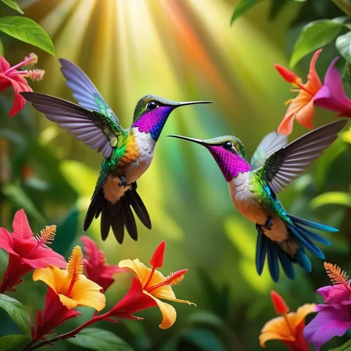 Prompt: (vibrant) Rainbow hummingbirds, lush greenery, tropical foliage, vivid plumage, mesmerizing colors, dynamic movement, sunlight filtering through leaves, exotic flowers, enchanting atmosphere, harmonious nature, high detail feathers, intricate patterns, colorful habitat, (HD)