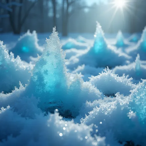 Prompt: Frozen in time, (ethereal scene), icy landscapes, glistening frost, (tranquil atmosphere), vibrant blue and white hues, intricate ice formations, ethereal mist, shimmering snowflakes, timeless objects surrounded by ice, soft ambient lighting, surrealist elements, (highly detailed), captivating depth, (4K resolution), evoking feelings of peace and contemplation.