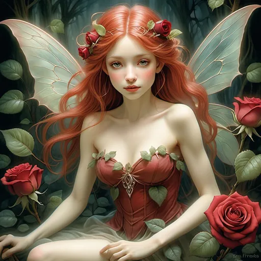 Prompt: (Red rose flower fairy), (intricate details), (Brian Froud style), ethereal beauty, dynamic pose, whimsical elements, intricate wings on back, soft mystical lighting, enchanting ambiance, high-quality illustration, expressive eyes, adorned with leafy accessories, delicate features, vibrant foliage, a world of fantasy, magical atmosphere