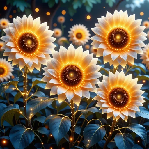 Prompt: Electric sunflowers, (vibrant colors), glowing petals, (intricate electric circuit patterns) within the flowers, (dynamic lighting) radiating energy, a futuristic garden setting, warm golden light illuminating the scene, serene ambiance, filled with high-quality details, harmonious blend of nature and technology, ultra-detailed, enchanting atmosphere.