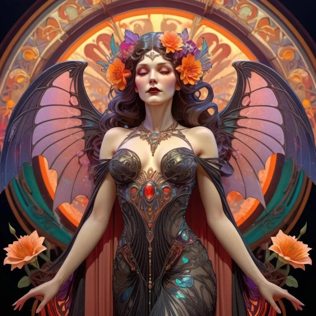 Prompt: intricate Art deco vampire goddess, full body portrait, standing,  gown,  wings , flowers, ornate, intricate, flowing, neon, led, fractals, hyper-detailed, 64K, UHD, HDR, unreal engine, vivid colors