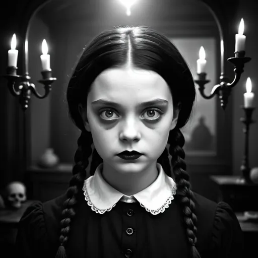 Prompt: Surrealism, Wednesday Addams, eerie atmosphere, black and white, dreamlike, detailed facial expression, spooky, high quality, surrealism style, dark shadows, expressive movements, vintage, eerie, detailed hair, surreal, atmospheric lighting