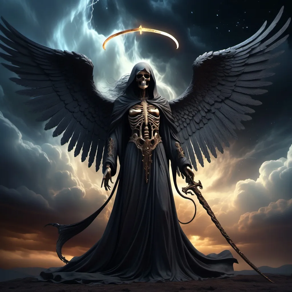 Prompt: Angel of Death, (ethereal figure shrouded in flowing dark robes), towering wings, haunting yet serene expression, grasping a luminous scythe, cosmic backdrop with swirling dark clouds and flickering stars, warm hues contrasting cold darkness, (highly detailed), (atmospheric and ethereal ambiance), spellbinding and dramatic composition, (ultra-detailed, 4K).