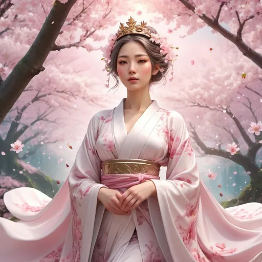 Prompt: Sakura goddess, (ethereal beauty), floating amid cherry blossom trees, delicate floral robes, soft radiant light, intricate crown, serene expression, surrounded by gentle petals, enchanting ambiance, vibrant pink and soft white coloring, magical atmosphere, with a dreamy background of lush greenery, (highly detailed), ultra-realistic, 4K quality, perfect for evoking tranquility and reverence.
