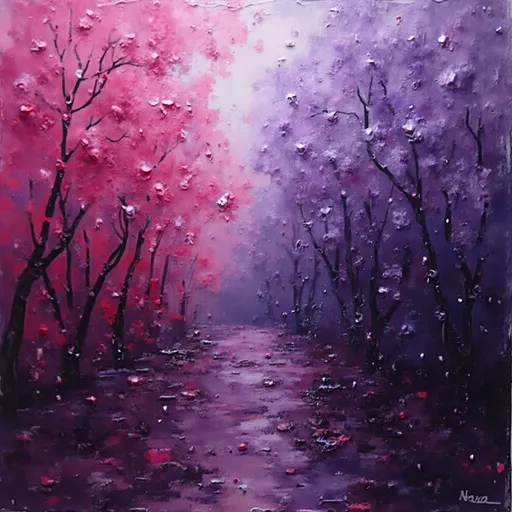 Prompt: (purple rain), (raspberry berets), (abstract expressionism), vibrant shades of purple and raspberry, expressive brushstrokes, layered hues blending, bold contrasts, dreamlike ambiance, a sense of movement, high quality, ultra-detailed