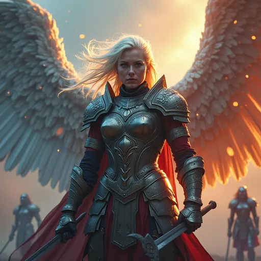 Prompt: (Valkyries), (mythical figures), dynamic motion, fierce expressions, vibrant color palette, ethereal glow reflected on armor, epic and powerful atmosphere, enhancing Norse mythology theme, ultra-detailed