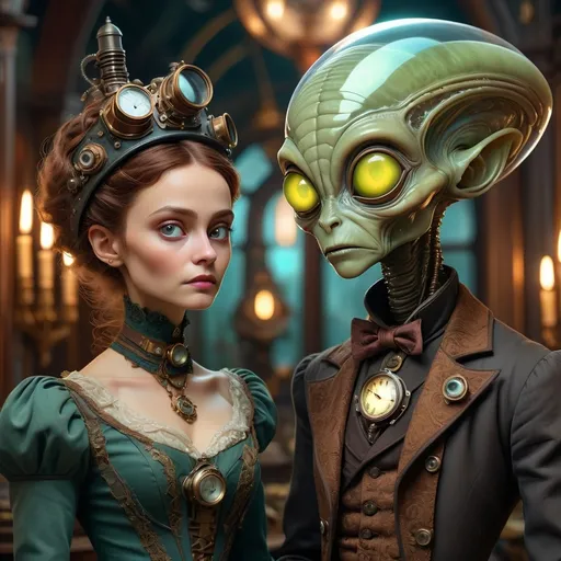 Prompt: (Victorian alien encounter), (steampunk aesthetics), intricate details, richly dressed characters in 19th-century attire, ethereal alien presence, glowing elements, juxtaposition of old and futuristic, lush details, high definition, captivating scene of mystery and intrigue.