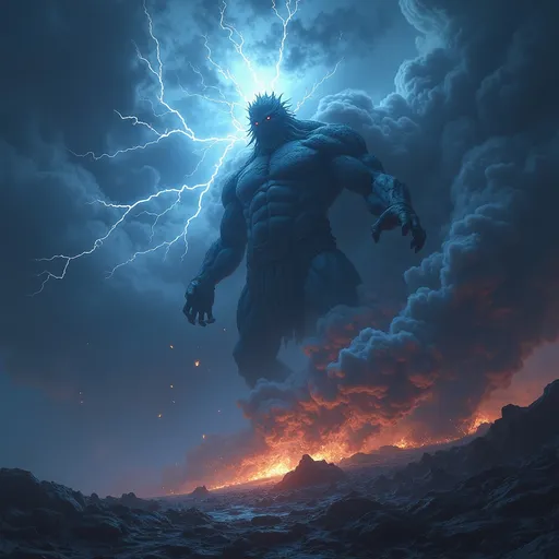 Prompt: (4K), photorealistic, celestial themed fantasy, dynamic storm scene, dark ominous clouds and vibrant lightning, the essence of "Tempest" capturing raw power, dramatic contrasts between shadows and light, immersive deep hues, epic atmosphere, mystical elements, detailed textures and dynamic action, an imposing figure embodies the fierceness of the tempest.