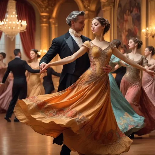 Prompt: high-quality, elegant ballroom scene, warm and vibrant colors, detailed fabric textures, classical art style, graceful movements, soft and warm lighting, oil painting, art nouveau, long flowing dresses, intricate patterns, 4k, ultra-detailed, elegant, classical, vibrant colors, dancing, detailed fabrics, warm lighting