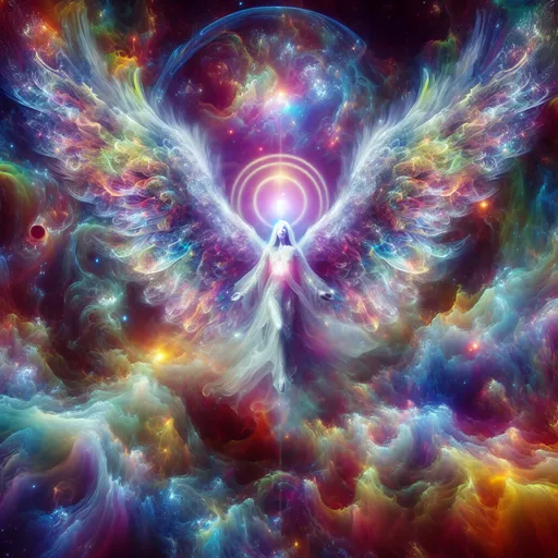 Prompt: (Cosmic, psychedelic rainbow angel), vibrant colors, swirling patterns, ethereal atmosphere, glowing radiance, intricate details of wings and halo, dreamlike background of nebulae and stars, otherworldly glow, transcendent vibe, surreal elements, ultra-detailed, stunning visual depth, mystical aura, celestial wonder, vivid imagery blending fantasy and spirituality, high-quality, captivating composition.