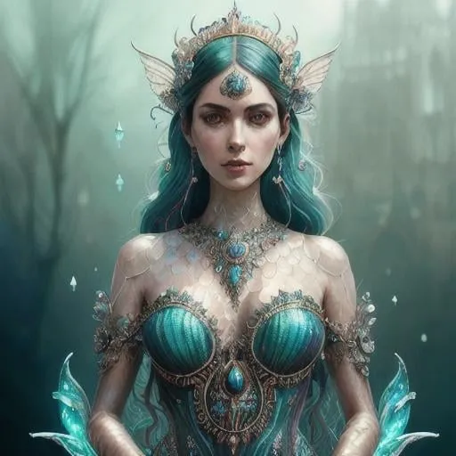 Prompt: Intricately detailed front facing elaborate beautiful mermaid, intricate glistening face, bright eyes, prismatic crystal clear dress, long hair, hyperdetailed painting by Ismail_Inceoglu Tom Bagshaw Dan Witz CGSociety ZBrush Central fantasy art 4K, under water Crystal Palace in background digital painting, digital illustration, extreme detail, digital art, ultra hd, vintage photography, beautiful, tumblr aesthetic, retro vintage style, hd photography, hyperrealism, extreme long shot, telephoto lens, motion blur, wide angle lens, deep depth of field, warm, anime Character Portrait, Symmetrical, Soft Lighting, Reflective Eyes, Pixar Render, Unreal Engine Cinematic Smooth, Intricate Detail, anime Character Design, Unreal Engine, Beautiful, Tumblr Aesthetic,  Hd Photography, Hyperrealism, Beautiful Watercolor Painting, Realistic, Detailed, Painting By Olga Shvartsur, Svetlana Novikova, Fine Art