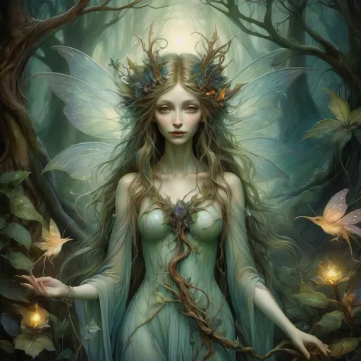 Prompt: (Fairy) Brian Froud style, mystical creatures, enchanting forest backdrop, whimsical atmosphere, vibrant colors, elaborate details, delicate textures, warm and inviting lighting, ethereal vibes, high fantasy elements, nature intertwined with magic, imaginative design, stunning composition, ultra-detailed, magical realism, captivating visuals.