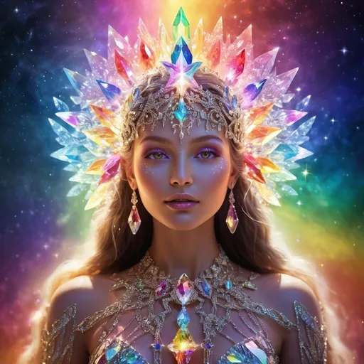 Prompt: Rainbow crystal goddess, (ethereal figure) surrounded by shimmering rainbow crystals, (glowing aura) radiating vibrant hues of light, (magical atmosphere) enchanting and uplifting, (intricate crystal details), surrounded by a celestial background, stars twinkling faintly, (vibrant colors), illuminated with soft glows, showcasing reflections and refractions of light, (highly detailed), spellbinding expression of grace and beauty.