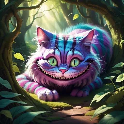 Prompt: (Cheshire Cat), predominantly unseen with only his whimsical, curled tail visible, enchanting and mysterious atmosphere, vibrant colors accentuating his playful spirit, lush forest background with soft, dappled sunlight filtering through leaves, creating a magical, dreamlike ambiance, ultra-detailed, high-quality illustration, inviting curiosity and wonder.