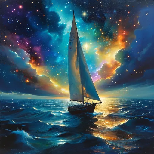 Prompt: (sailing on the sea of time and space), (cosmic colors), surreal night sky, luminous stars, illuminating pathways through the universe, dreamlike atmosphere, tranquil yet adventurous vibe, (highly detailed), depth of field, enchanting reflections of galaxies on water, (hyper-realistic)