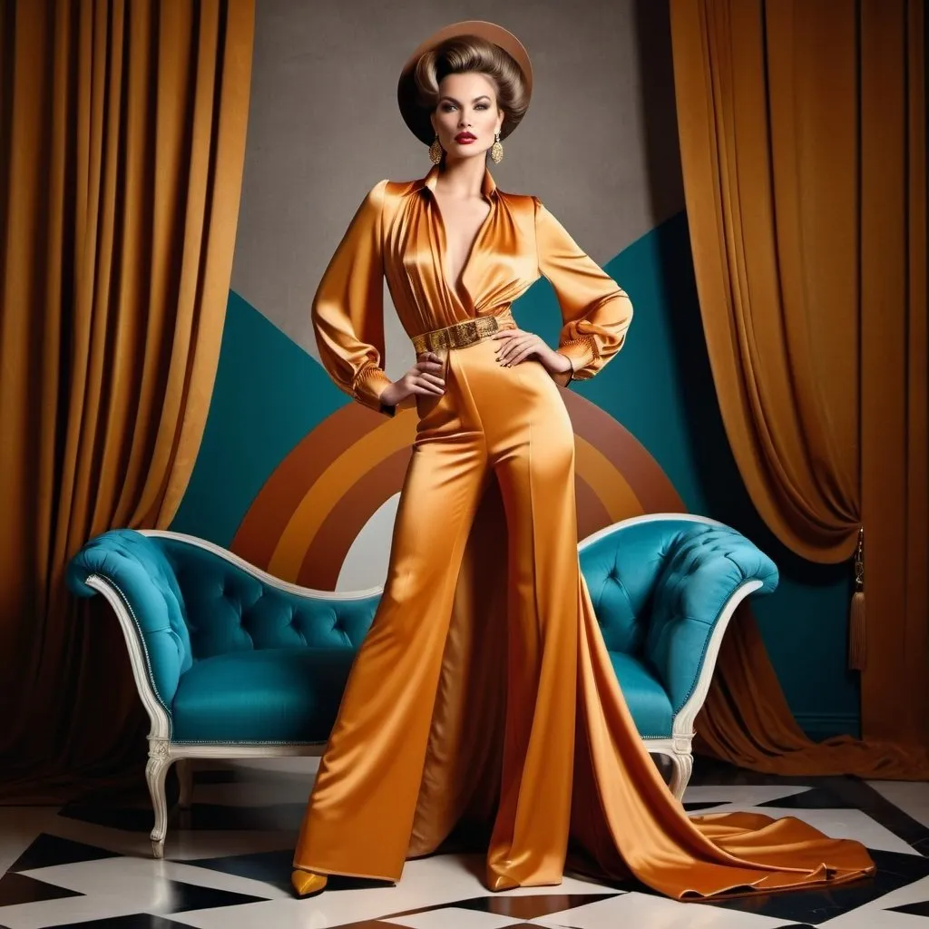 Prompt: Haute couture model in a retro 1970s outfit, retro hair style, elegant and sophisticated full body pose, luxurious fabric with rich textures, high-end fashion photography