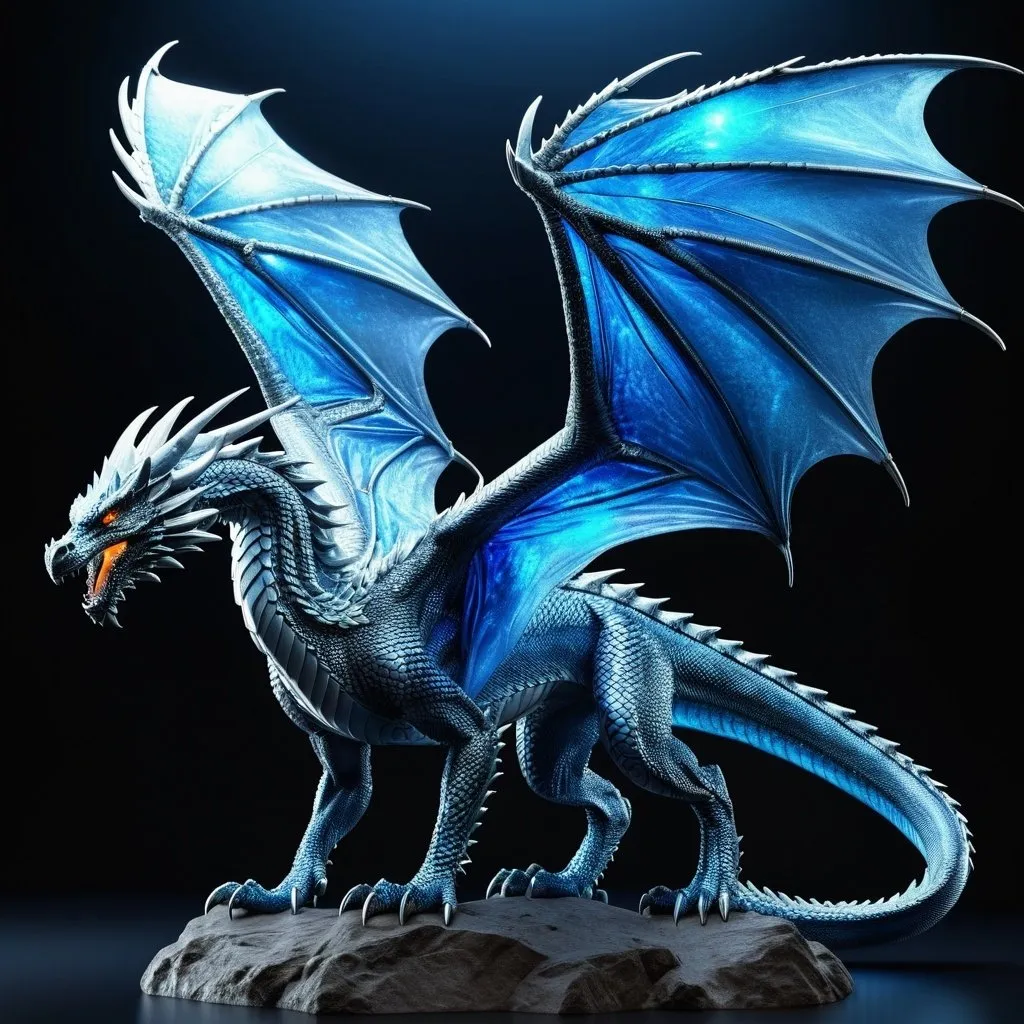 Prompt: Sapphire crystal dragon, realistic 3D rendering, majestic and powerful pose, intricate details, high quality, fantasy, cool tones, detailed scales, glowing eyes, large wingspan, ethereal atmosphere, mystical lighting