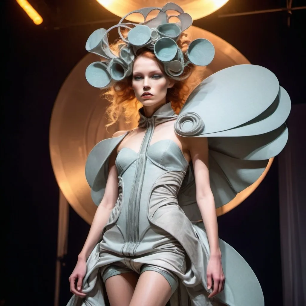 Prompt: Experimental fashion show , avant-garde, surreal, high-concept, futuristic materials, unconventional textures and fabrics, atmospheric lighting, high quality, ultra-modern, professional photography 