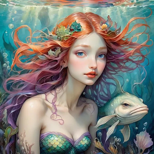 Prompt: Mermaids (fantastical creatures), inspired by Brian Froud’s whimsical style, vibrant colors, ethereal atmosphere, lush underwater scenery, detailed scales and flowing hair, intricate ocean flora