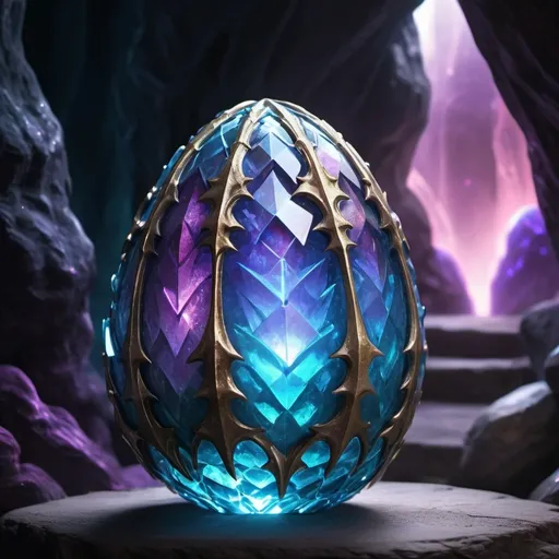 Prompt: (Crystal dragon egg), majestic, glowing with an ethereal light, intricate details, translucent scales with multifaceted reflections, majestic aura, mystical ambiance, vibrant blues and purples, fantasy elements, luminescent highlights, shimmering gems around, enchanted cave setting, otherworldly glow, shadows creating depth, high contrast, ultra-detailed, 4K, mesmerizing, dreamy atmosphere, photographic realism, high dynamic range, visually stunning masterpiece.