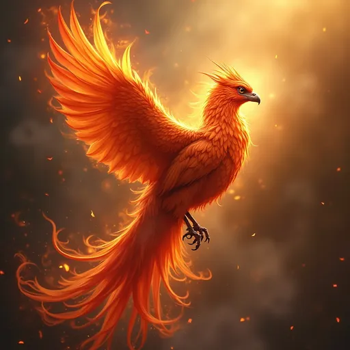 Prompt: (High detailed nature portrait), (majestic phoenix), vibrant fiery colors, intricate feathers blending with glowing embers, ethereal atmosphere enhanced by dramatic lighting, background of swirling flames and smoke creating a dynamic scene, soft golden undertones adding warmth, ultra-detailed, hyper-realistic, photorealistic, capturing the essence of this mythical creature in a breathtaking tableau.