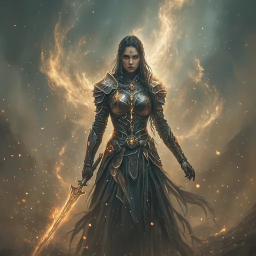 Prompt: Healing warrior priestess in battle, fierce and determined expression, wearing intricately designed armor adorned with sacred symbols, holding a glowing staff radiating healing energy. Surroundings portray a chaotic battlefield filled with swirling dust and faint mystical energies, creating a strong atmosphere of resilience. Ultra-detailed, cinematic lighting emphasizes her divine aura while maintaining a sense of urgency and hope, high quality 4k, photorealistic 