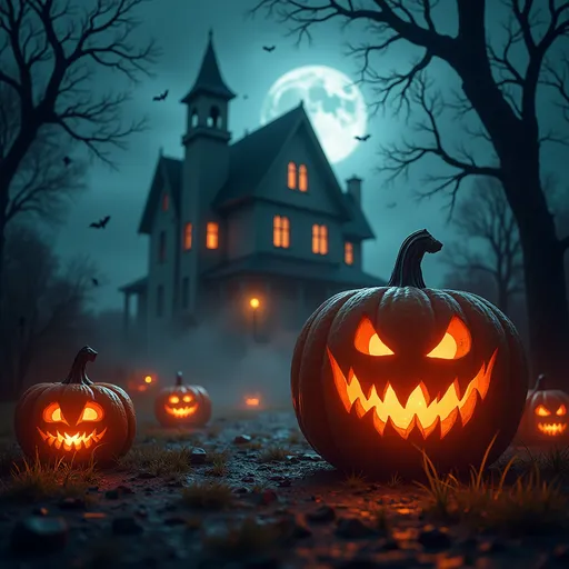 Prompt: (Spooky Halloween scene), eerie atmosphere, glowing jack-o'-lanterns, ghostly figures, cobwebs hanging, haunted house in the background, cool and dark color tones, twilight sky with ominous clouds, bats flying, mist covering the ground, ultra-detailed, cinematic depth, evokes feelings of thrill and mystery, perfect for capturing the essence of Halloween.