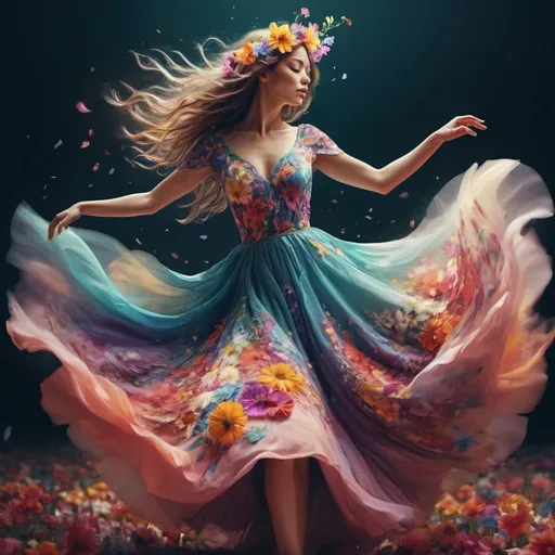 Prompt: Stunning woman made of colorful flowers dancing, digital illustration, vibrant, high-resolution, surreal, fantasy, floral dress swaying, ethereal beauty, flowing movement, enchanting, blooming petals, intricate details, luscious colors, dreamy atmosphere, magical lighting