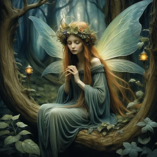 Prompt: (Fairy) Brian Froud style, mystical creatures, enchanting forest backdrop, whimsical atmosphere, vibrant colors, elaborate details, delicate textures, warm and inviting lighting, ethereal vibes, high fantasy elements, nature intertwined with magic, imaginative design, stunning composition, ultra-detailed, magical realism, captivating visuals.