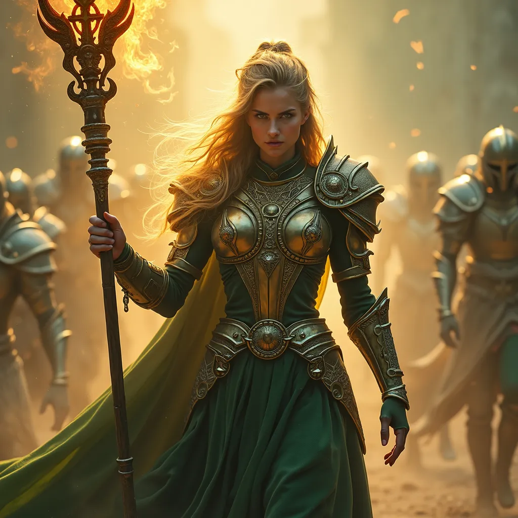 Prompt: Healing warrior priestess in battle, fierce and determined expression, wearing intricately designed armor adorned with sacred symbols, holding a glowing staff radiating healing energy. Surroundings portray a chaotic battlefield filled with swirling dust and faint mystical energies. Warm golden and deep green colors dominate the scene, creating a strong atmosphere of resilience. Ultra-detailed, cinematic lighting emphasizes her divine aura while maintaining a sense of urgency and hope, high quality 4K.