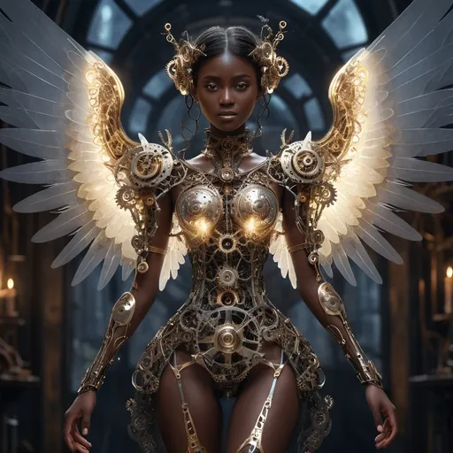 Prompt: (Clockwork angel), dark skin,  intricate mechanical wings, elegant gears intertwined, clockwork clothing and shoes, ethereal glow, wisps of steam, serene expression, halo of delicate cogs, well lit, faint glimmering lights illuminating, mystical, enchanting, highly detailed, fantasy art style, invoking a sense of wonder, 4K, ultra-detailed.