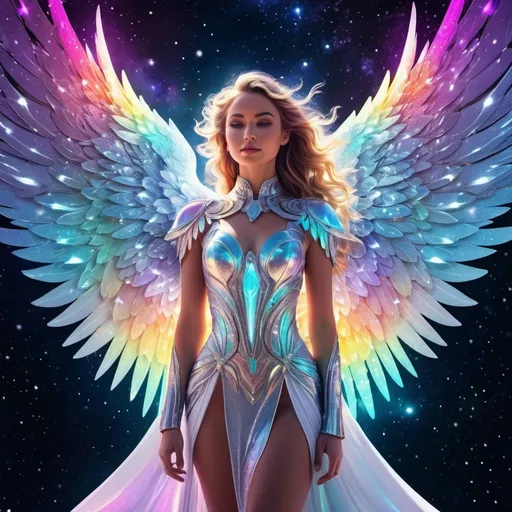Prompt: Intergalactic snow angel, digital art, cosmic background, celestial beauty, intricate icy wings, neon, crystals,ethereal glow, vibrant color palette, high quality, space art, futuristic style, cool tones, radiant lighting