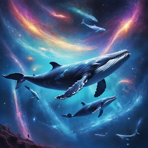 Prompt: (space whales), majestic creatures gliding through the cosmos, vibrant nebulae illuminating their translucent bodies, celestial bodies in the background, ethereal atmosphere, shimmering stardust trails, high depth, ultra-detailed, fantastical themes of exploration and wonder, cool tones, tranquil yet awe-inspiring ambiance, captivating space scenery enveloping each whale.