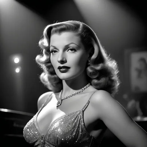 Prompt: 1940s, dancer performing in a nightclub, glamorous stage performance, classic Hollywood glamour, Rita Hayworth, Veronica Lake, smoky atmosphere, golden spotlight, detailed stage jewelry, high quality, vintage style, sultry lighting, classic Hollywood, elegant performance, retro atmosphere