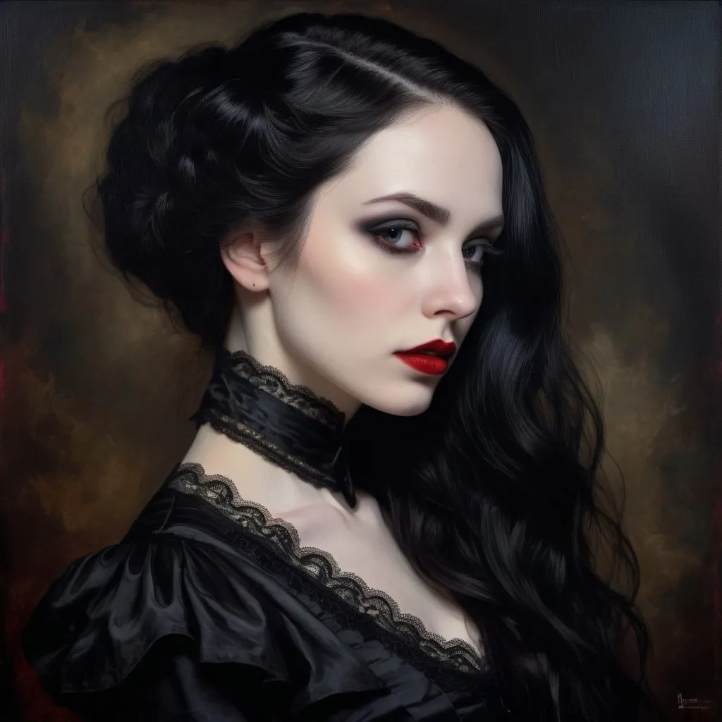 Prompt: Profile portrait of a gothic woman, oil painting, flowing black hair, pale skin, intense gaze, red lipstick, dark eyeshadow, elegant Victorian attire, high quality, realistic, gothic, moody lighting, dark tones, detailed lace, atmospheric, haunting beauty, professional