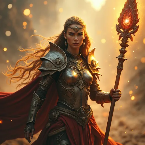 Prompt: Healing warrior priestess in battle, fierce and determined expression, wearing intricately designed armor adorned with sacred symbols, holding a glowing staff radiating healing energy. Surroundings portray a chaotic battlefield filled with swirling dust and faint mystical energies, creating a strong atmosphere of resilience. Ultra-detailed, cinematic lighting emphasizes her divine aura while maintaining a sense of urgency and hope, high quality 4k, photorealistic 