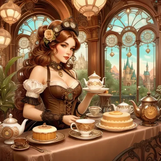 Prompt: (fantastical steampunk tea party), elaborate steampunk clothing, Victorian-style tea set, delicate pastries, cookies and cakes, intricate machinery adorned with gears, warm ambient lighting, inviting atmosphere, rich earth tones, surrounded by gothic architecture, vintage tablecloths, lush greenery, whimsical decorations, ultra-detailed, high-quality illustration, captivating and imaginative.