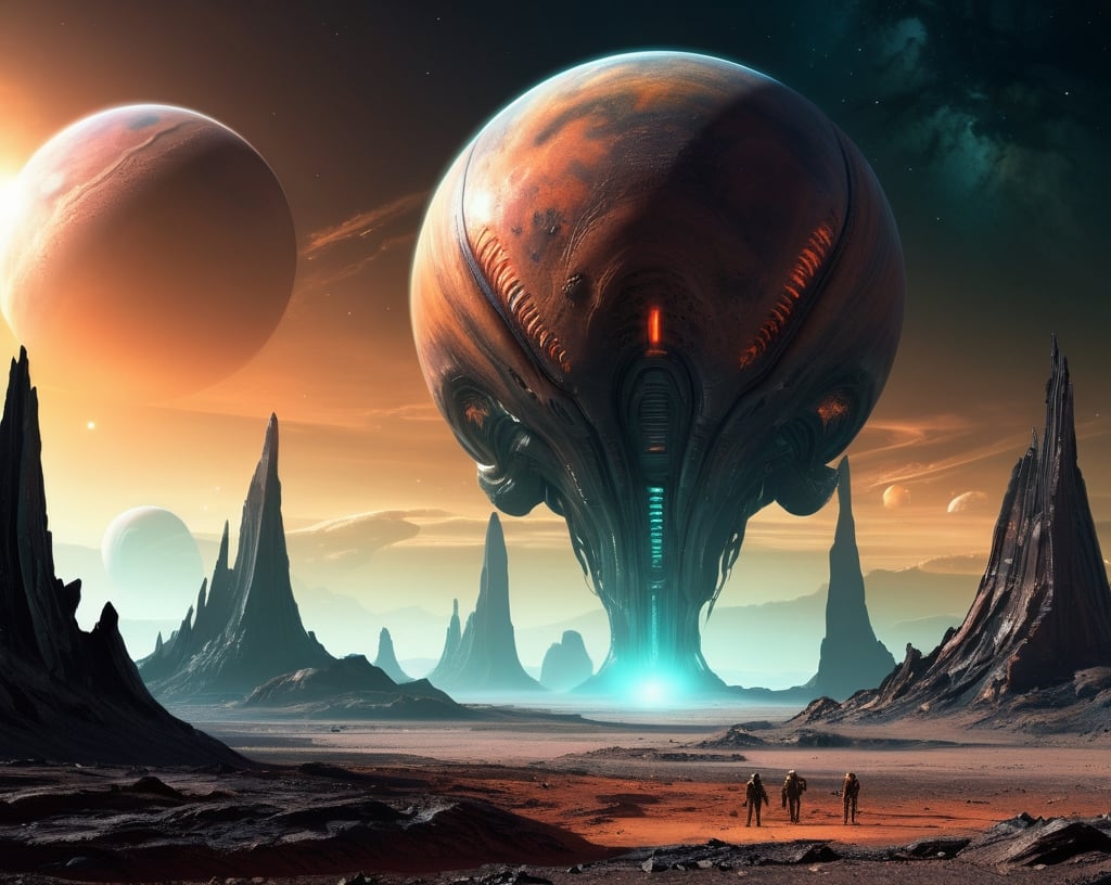 Prompt: Hostile planet exploration, sci-fi digital art, rugged terrain, alien landscapes, highres, ultra-detailed, futuristic, intense atmosphere, desolate environment, harsh lighting, ominous alien structures, mysterious atmosphere, otherworldly colors, epic scale, dramatic composition