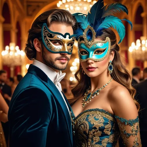 Prompt: (masquerade ball), vivid costumes adorned with intricate patterns, (elegant masks), festive atmosphere, (dramatic lighting), swirling forms, (romantic vibe), opulent background filled with chandeliers and vibrant tapestries, soft shadows creating a sense of motion, a lively crowd enjoying the celebration, (HD), high-quality details, magical ambiance, labyrinth