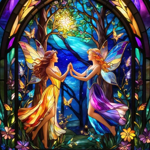 Prompt: (dancing fairies), (whimsical atmosphere), magical glimmers, soft glowing lights, (enchanted forest), vibrant colors, delicate wings fluttering, ethereal vibe, graceful poses, surrounded by flowers and sparkling dust, enchanting moonlight filtering through trees, dreamy ambiance, high detail, 4K, captivating and joyful scene, vivid portrayal of whimsy and fantasy.