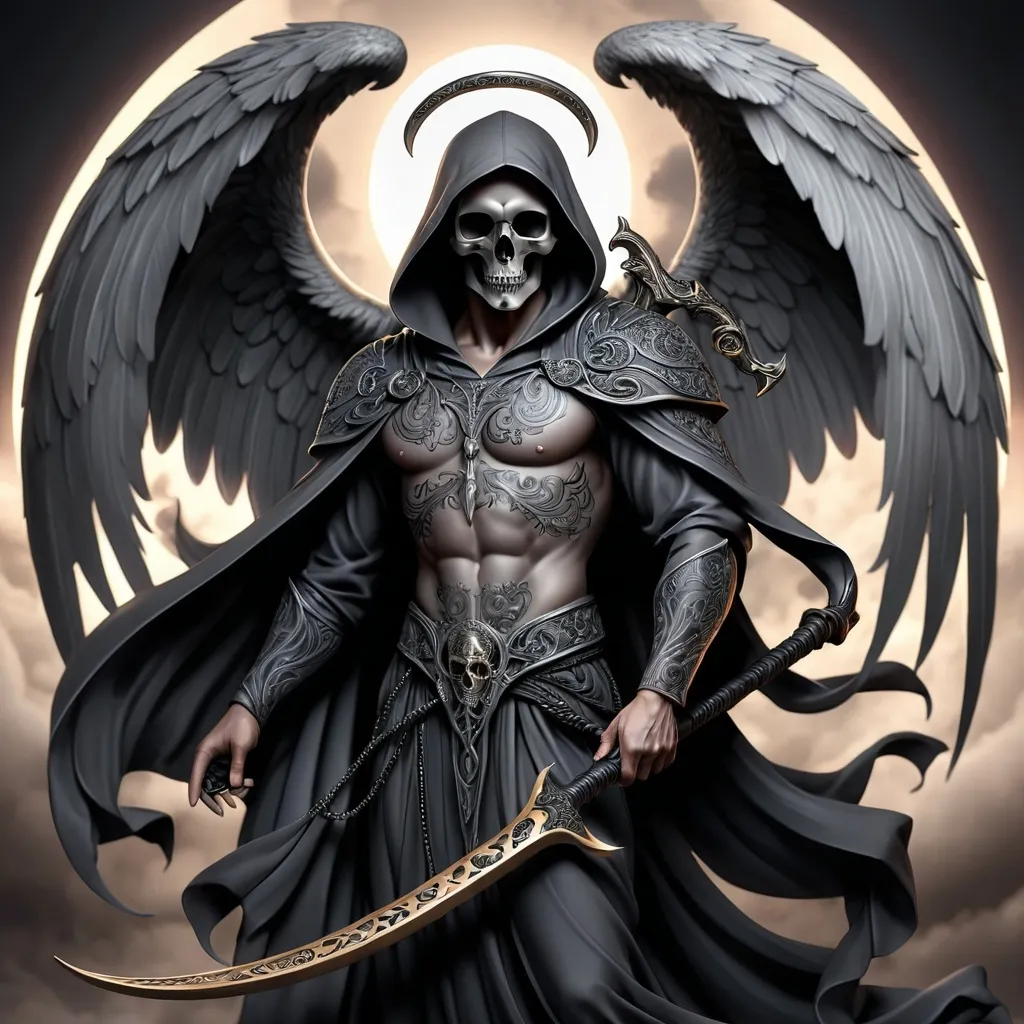 Prompt: Male Angel of death tattoo flash, (intricate design), dark and ethereal tones, (highly detailed), flowing robes, holding a scythe, winged figure, mystical aura, (bold outlines), rich textures and shading, captivating yet somber vibe, (black and gray), (4K ultra-detailed).