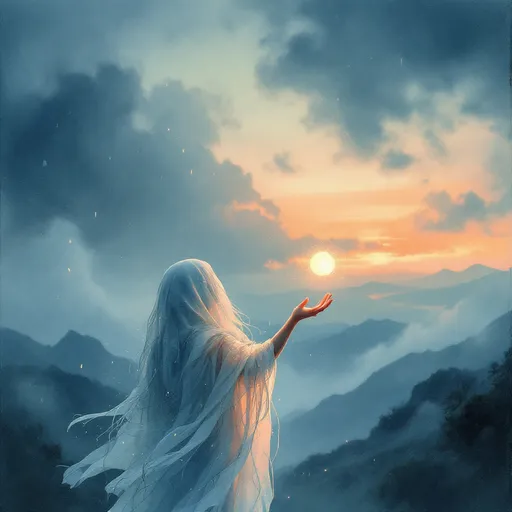 Prompt: A wistful figure shrouded in soft, diffuse light stands beneath a vast, cloudy sky at dusk, their eyes shimmering with unspoken yearning. Tendrils of mist curl around their silhouette, blending seamlessly into the dusky horizon where distant mountains fade into an orange-pink glow. Gentle raindrops drift through the air, catching the fading sunlight and adding a shimmering, melancholic atmosphere. The person's outstretched hand reaches toward a faint, glowing orb hovering just beyond grasp, symbolizing elusive desire. Artistic style: dreamy watercolor illustration with ethereal lighting and a contemplative mood, capturing the delicate essence of longing and hope.