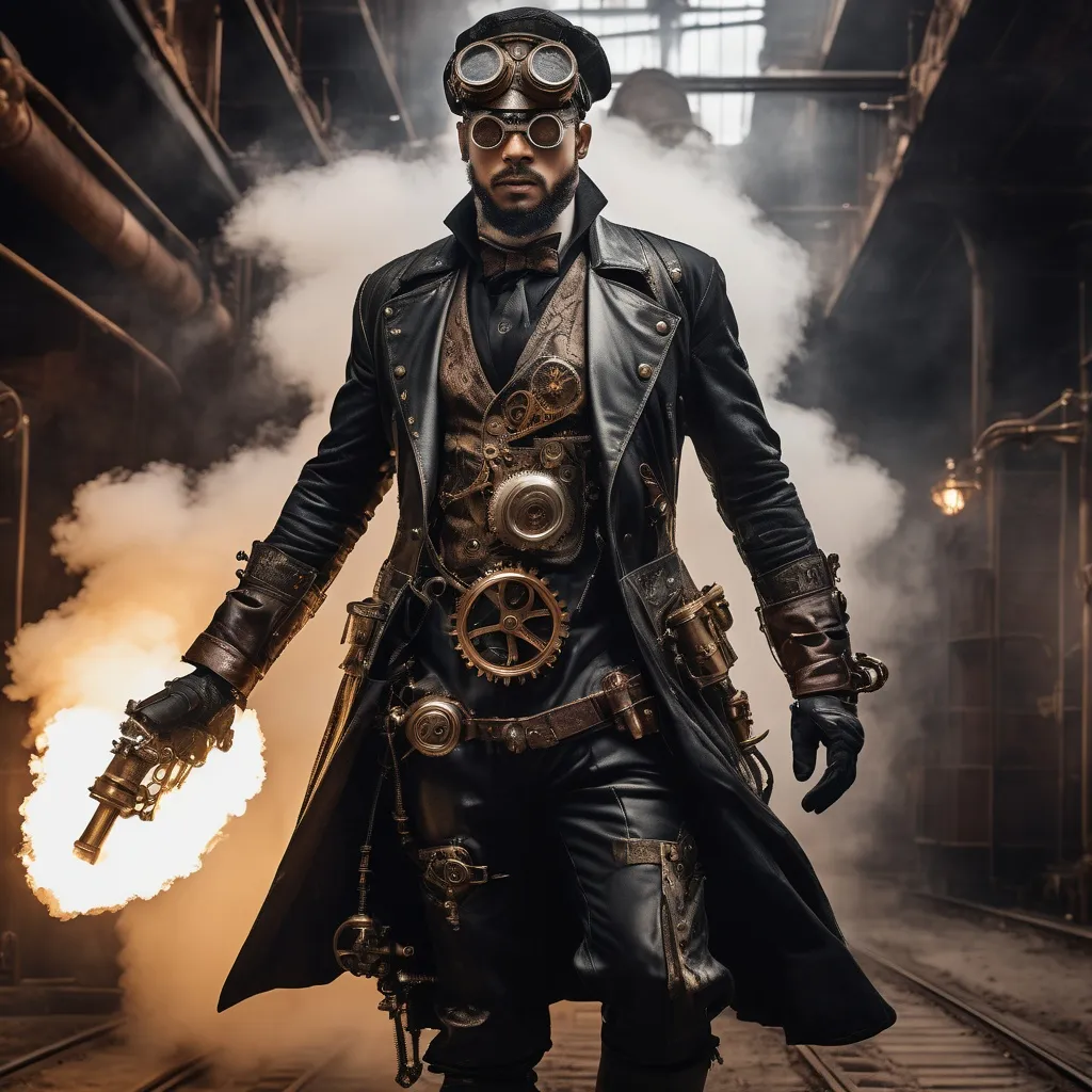 Prompt: Full body detailed action portrait of a steam punk man, detailed face, UHD, intricate steampunk outfit, industrial setting, gritty atmosphere, goggles, mechanical arm, highres, intricate details, steampunk, intense expression, dynamic pose, professional lighting