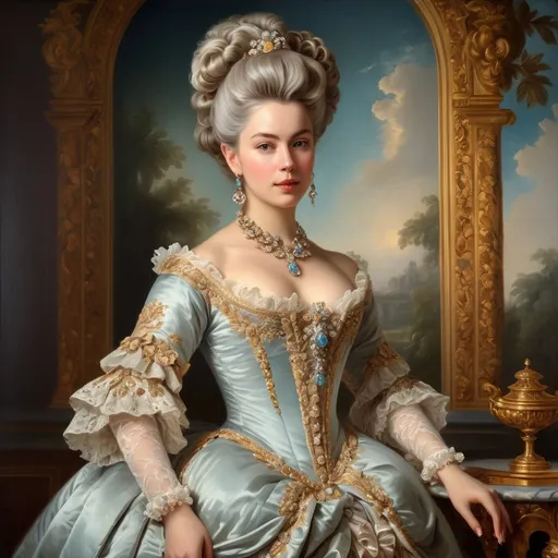 Prompt: Full body Rococo era portrait of a woman, oil painting, luxurious dress, elaborate hairstyle, ornate jewelry, soft colors, soft and diffused lighting, high quality, detailed brushwork, elegant and refined, opulent setting, intricate lace details, classic beauty, historical art, Rococo style, delicate features, aristocratic charm