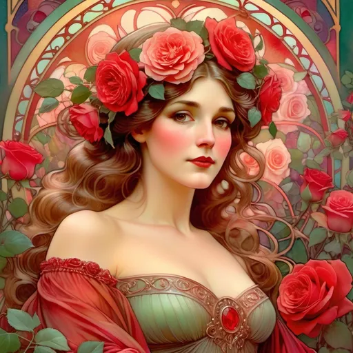 Prompt: Lady of the roses, (elegant woman), surrounded by an abundance of (lush red roses), ethereal atmosphere with (soft, diffused lighting), (whimsical garden background), adorned in a flowing (vintage gown), (delicate floral crown), vibrant colors, moody yet romantic ambience, finely detailed features, (lush greenery) accentuating her figure, symbolizing beauty and grace, (ultra-detailed) and enchanting presentation.