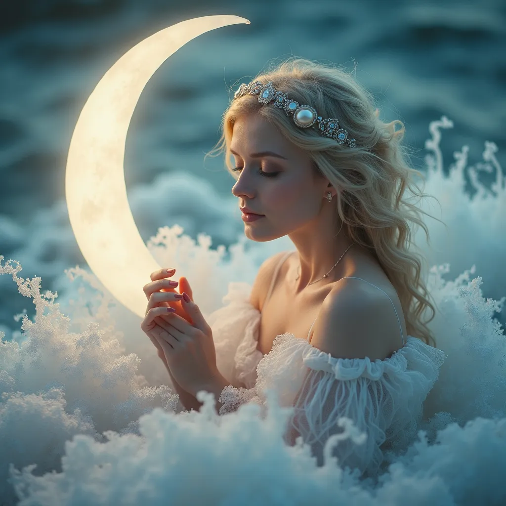 Prompt: (FEMALE Cancer zodiac energy), ethereal femininity, nurturing atmosphere, soft moonlight glow, gentle waves symbolizing emotional depth, intricate celestial motifs, delicate silvery hues blending with soothing pastel tones, dreamy, reflective ambiance, capturing intuitive essence, adorned with subtle shells and luminous pearls, high-quality, ultra-detailed, cosmic backdrop.