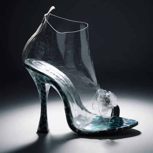 Prompt: Experimental glass shoes, avant-garde, high-concept, cutting edge, unconventional textures and materials, professional lighting, high quality photography 