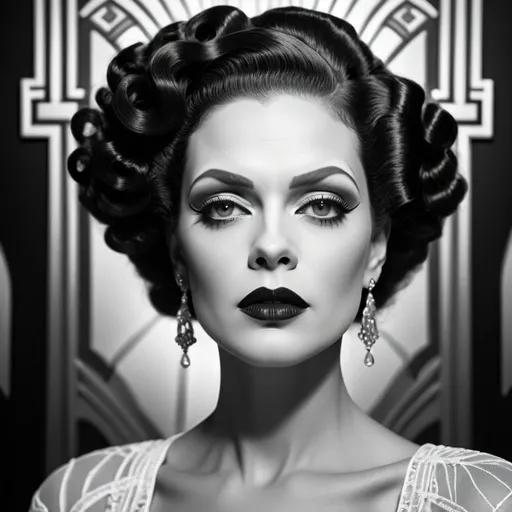 Prompt: Bride of Frankenstein in art deco style, elegant and intricate designs, vintage black and white, glamorous and sophisticated, detailed hair with sleek waves, dramatic makeup with defined eyebrows and dark lips, retro Hollywood glamour, high contrast, elegant and detailed, art deco, vintage, monochrome, dramatic lighting