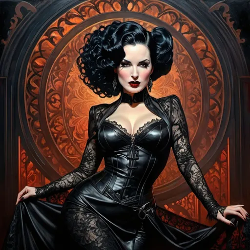 Prompt: Full body detailed action portrait of goth woman, dita von teese  inspired, oil painting, dynamic pose, dramatic lighting, high contrast, detailed lace and leather textures, intense expression, dark and moody atmosphere, professional, highres, oil painting, goth, dynamic pose, dramatic lighting, detailed textures, intense expression, dark atmosphere
